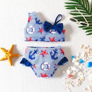 Girls 2 Pc. Nautical Swimsuit Bikini, 3-4 years. + FREE Mermaid Stickers!